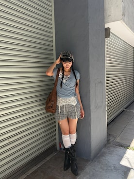 「WHO'S WHO gallery（フーズフーギャラリー）のリブカシュクールフレンチフーディ（無地/ボーダー/スター）（Tシャツ/カットソー、ブルー系）」を使った、RIHOさん（レディース・166cm）の夏コーディネート