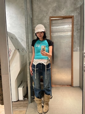 「WHO'S WHO gallery（フーズフーギャラリー）の【WEB限定】ラグラン袖レースナンバリングTEE（Tシャツ/カットソー、グリーン系）」を使った、RIHOさん（レディース・166cm）の夏コーディネート