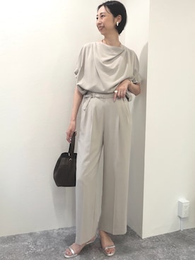 「MICO COULIER（ミコクリエ）の《UVカット接触冷感》ハイストレッチブラウス（シャツ/ブラウス、ベージュ系）」を使った、nolkokoさん（レディース・168cm）の春コーディネート