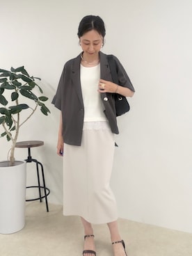 「MICO COULIER（ミコクリエ）のサテン×スムース裾レースタンクトップ（Tシャツ/カットソー、ホワイト系）」を使った、nolkokoさん（レディース・168cm）の夏コーディネート