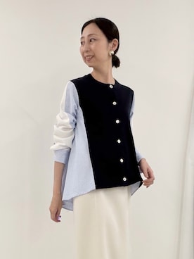 「MICO COULIER（ミコクリエ）の後ろシャツ配色切替カーディガン（ニット/セーター、ブルー系）」を使った、nolkokoさん（レディース・168cm）の春コーディネート