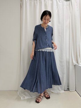 「MICO COULIER（ミコクリエ）のシアーデニムバンドカラーシャツ（シャツ/ブラウス、ブルー系）」を使った、nolkokoさん（レディース・168cm）の春コーディネート