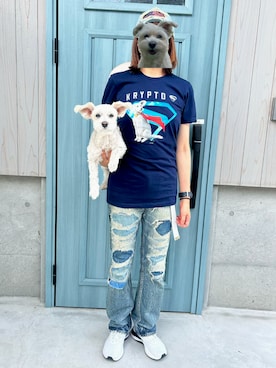 「PGS クリプトのクリプト（Tシャツ/カットソー、ブルー系）」を使った、Yokokawa さん（レディース・165cm）の夏コーディネート