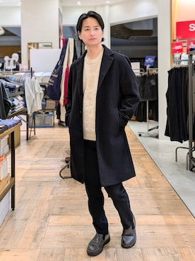 「アイテム（チェスターコート）」を使った、もりもんさん（メンズ・171cm）の冬コーディネート