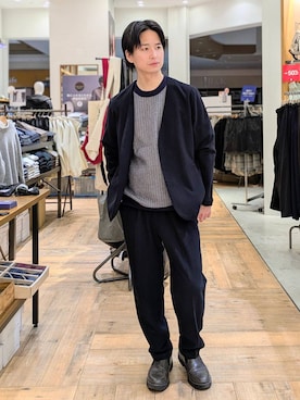 「アイテム（ノーカラージャケット）」を使った、もりもんさん（メンズ・171cm）の冬コーディネート