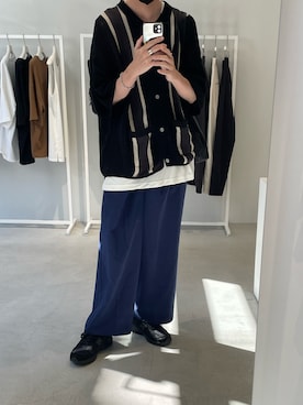 「CASPER JOHN（キャスパージョン）のLine knit shirts/ラインニットシャツ（シャツ/ブラウス、ブラック系）」を使った、アツさん（メンズ・178cm）の夏コーディネート