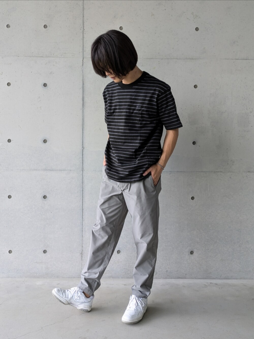 「メンズファッション、お洒落さんとつながりたい、今日のコーデ、大人カジュアル、シンプルスタイル、ゆるコーデ、シンプル、モノトーンコーデ、ラフコーデ、パンツスタイル、パンツコーデ、ラフ、スノーピーク、アクセサリー、ボーダー」｜「Snow PeakのHeavy Cotton Border T-Shirt（Tシャツ/カットソー、ブラック系）」を使った、kiriyama27さん（メンズ・182cm）の夏コーディネートの1枚目の写真