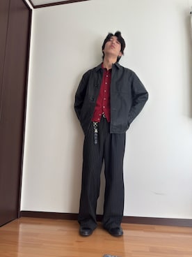 「RAGEBLUE（レイジブルー）のサマーTRストレッチ/バギーワイドスラックス（スラックス、ブラック系）」を使った、masayaさん（メンズ・177cm）の春コーディネート