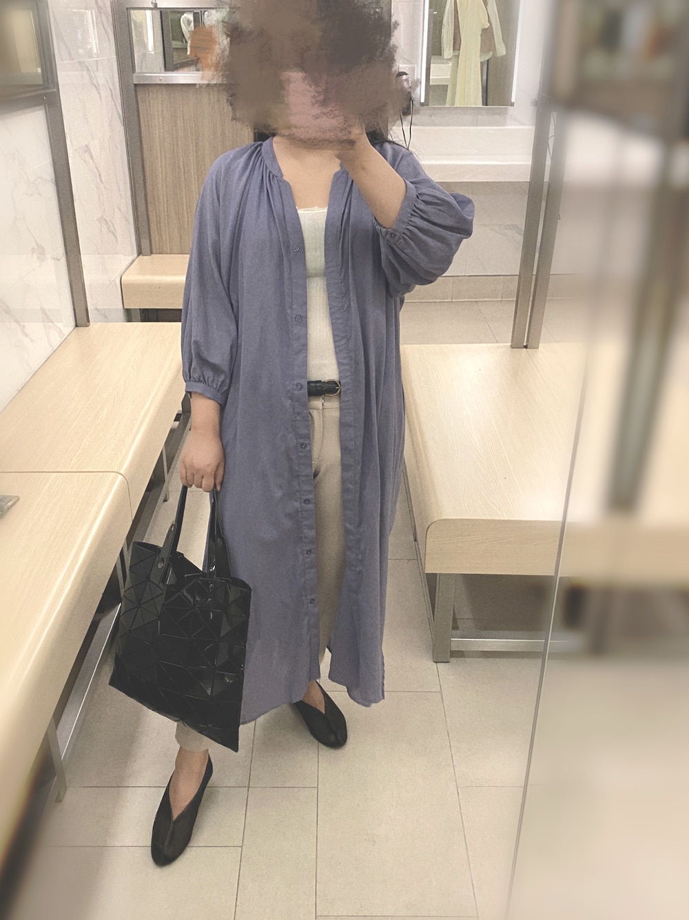 「GLOBAL WORKのエアリーボイルスキッパーワンピース/874319（ワンピース、パープル系）」を使った、Amy Leeさん（レディース・158cm）の秋コーディネートの1枚目の写真
