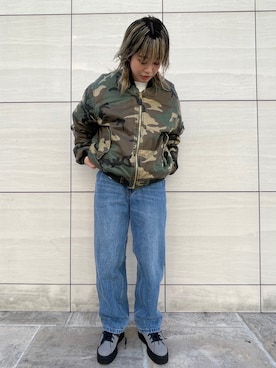 「ストリートファッション」｜「アイテム（MA-1）」を使った、顔さん（レディース・163cm）の冬コーディネート