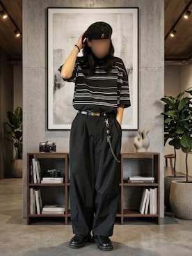 「COOTIE PRODUCTIONS（クーティープロダクションズ）のSupima Border Oversized S/S Tee（T Shirts、ブラック系）」を使った、噂のキーマンさん（メンズ・170cm）の秋コーディネート