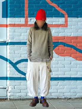 「coen（コーエン）の[洗える］シャギークルーネックニット（ニット/セーター、グレー系）」を使った、噂のキーマンさん（メンズ・170cm）の春コーディネート