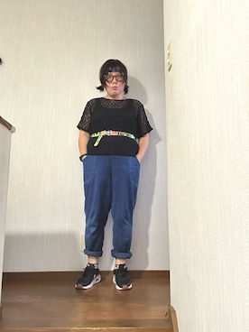 「しまむら（シマムラ）のアイテム（Tシャツ/カットソー、ブラック系）」を使った、ttkanadmさん（レディース・154cm）の夏コーディネート