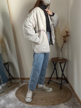 「andme（アンドミー）のアイテム（ノーカラージャケット）」を使った、hikalさん（レディース・160cm）の冬コーディネート
