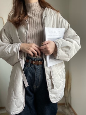 「andme（アンドミー）のアイテム（ノーカラージャケット）」を使った、hikalさん（レディース・160cm）の秋コーディネート