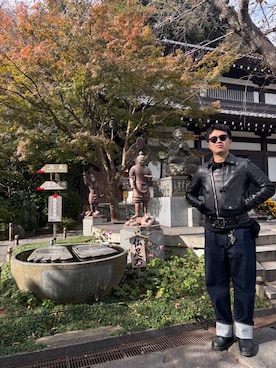 「アイテム（ライダースジャケット）」を使った、ぱーまんさん（メンズ・166cm）の秋コーディネート