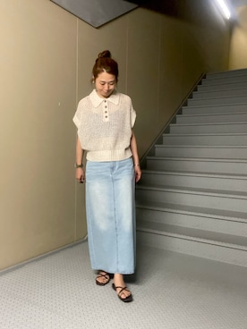 「URBAN RESEARCH Sonny Label(アーバンリサーチサニーレーベル)の襟付きメッシュニットプルオーバー(ニット/セーター、ベージュ系)」を使った、Manaさん(レディース・161cm)の夏コーディネート