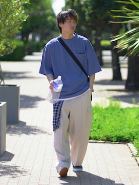 「ETELIO（エテリオ）の【2点セット】梨地ポケット付きクルービッグTシャツ＆ロングタンクトップアンサンブルセット（Tシャツ/カットソー）」を使った、つぐ吉さん（メンズ・173cm）の夏コーディネート