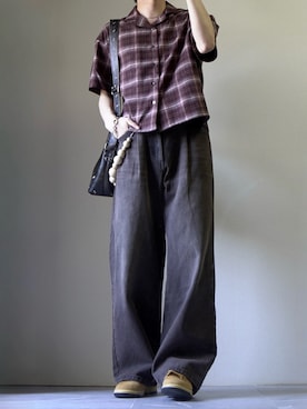 「LUENNA（ルエナ）の【LUENNA】Open Collar Short Sleeve Check Shirt / オープンカラー半袖チェックシャツ（シャツ/ブラウス、ブラウン系）」を使った、つぐ吉さん（メンズ・173cm）の春コーディネート