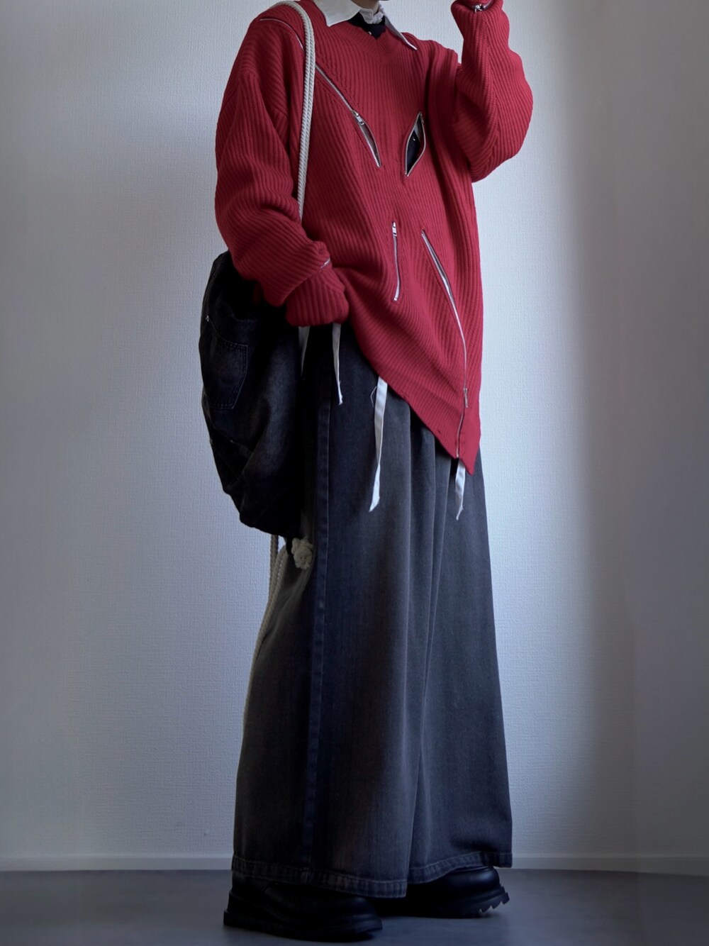 トップス GRANCY ZipDesign Asymmetry Knit RED GRANCY】ZipDesign Asymmetry Knit / ジップデザイン