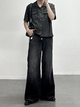 「ANDER HUNK（アンダーハンク）のStuds Design Stripe Open-Colour Shirt / スタッズデザインストライプオープンカラーシャツ（シャツ/ブラウス、ブラック系）」を使った、つぐ吉さん（メンズ・173cm）の夏コーディネート