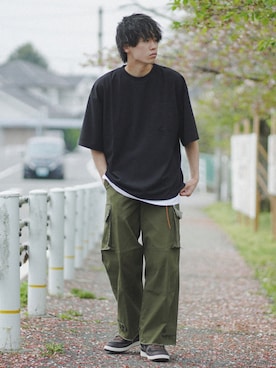 「ETELIO（エテリオ）の【2点セット】梨地ポケット付きクルービッグTシャツ＆ロングタンクトップアンサンブルセット（Tシャツ/カットソー）」を使った、つぐ吉さん（メンズ・172cm）の夏コーディネート