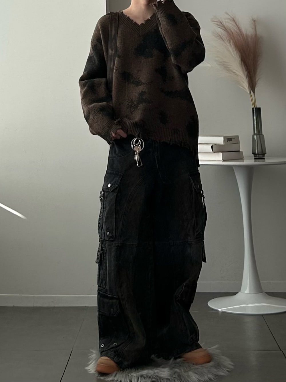 GRANCY】 スプレーダメージVネックウールニット Mサイズ Vネック