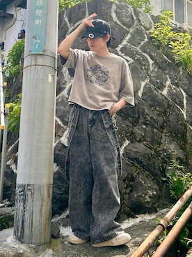 「cussil（クシル）の【cussil/クシル】【11.5oz】ルーズシルエットダブルサスペンダーワイドパンツ（デニムパンツ）」を使った、つぐ吉さん（メンズ・173cm・20代）の夏コーディネート