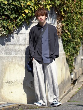 「Chikashitsu +（チカシツプラス）のアイテム（スウェットパンツ）」を使った、つぐ吉さん（メンズ・172cm）の春コーディネート