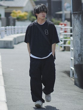 「ETELIO（エテリオ）の【2点セット】梨地ポケット付きクルービッグTシャツ＆ロングタンクトップアンサンブルセット（Tシャツ/カットソー）」を使った、つぐ吉さん（メンズ・172cm）の春コーディネート