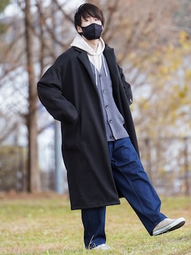 「ケーブルカーディガン」｜「アイテム（チェスターコート）」を使った、つぐ吉さん（メンズ・172cm）の冬コーディネート