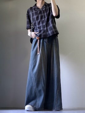 「LUENNA（ルエナ）の【LUENNA】Open Collar Short Sleeve Check Shirt / オープンカラー半袖チェックシャツ（シャツ/ブラウス、ブラック系）」を使った、つぐ吉さん（メンズ・173cm）の春コーディネート