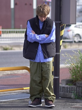「RUUBON（ルーボン）のアイテム（ダウンベスト）」を使った、つぐ吉さん（メンズ・172cm）の秋コーディネート