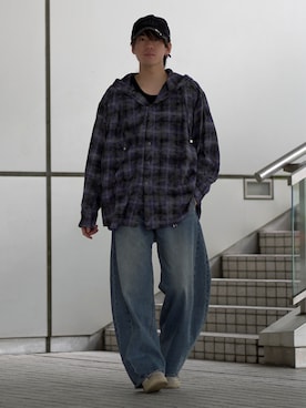 「ADRER（アドラー）のover size shirt parker / オーバーサイズシャツパーカー（シャツ/ブラウス、ブルー系）」を使った、つぐ吉さん（メンズ・173cm）の春コーディネート