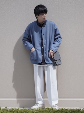 「ノーカラー」｜「アイテム（スラックス）」を使った、つぐ吉さん（メンズ・172cm）の秋コーディネート