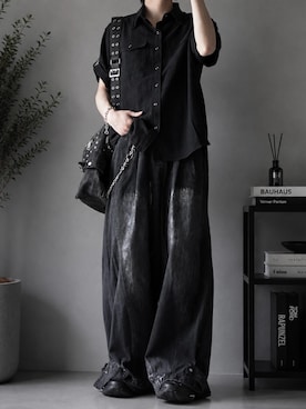 「RSSC（アールエスエスシー）のRIPPED JACQUARD HALF SHIRT - BLACK（シャツ/ブラウス、その他）」を使った、つぐ吉さん（メンズ・173cm）の夏コーディネート