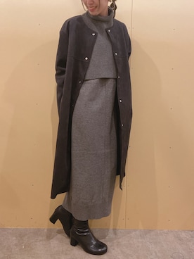 「ニットワンピース」｜「アイテム（ノーカラーコート）」を使った、yuka☻さん（レディース・159cm）の秋コーディネート