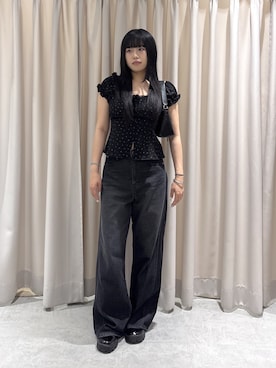 「FREE'S MART（フリーズマート）の◆フレンチスリーブジャガードカットソー（Tシャツ/カットソー、ブラック系）」を使った、rukaさん（レディース・166cm）の夏コーディネート