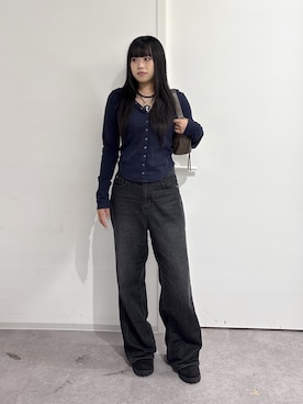 「FREE'S MART（フリーズマート）の【3サイズ展開XS-L】サイドパネルヴィンテージライクワイドデニム【低身長サイズ有】（デニムパンツ、ブラック系）」を使った、rukaさん（レディース・166cm）の夏コーディネート