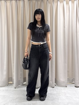 「FREE'S MART（フリーズマート）の◆レースアップレイヤード風半袖カットソー（Tシャツ/カットソー、ブラック系）」を使った、rukaさん（レディース・166cm）の夏コーディネート