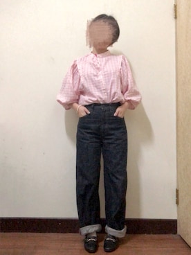「UNIQLO（ユニクロ）のハイライズワイドストレートジーンズ（デニムパンツ）」を使った、ビ﹏台湾人日本在住さん（レディース・152cm）の春コーディネート