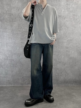 「SERACE（セラス）の【SERACE】Vintage waffle thermal henry neck short sleeve T-shirt / ヴィンテージワッフルサーマルヘンリーネック半袖Tシャツ（Tシャツ/カットソー、グレー系）」を使った、cobaさん（メンズ・173cm）の夏コーディネート