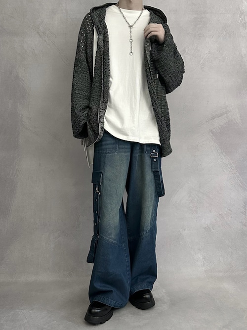 SERACE】Loose silhouette openwork mesh knit hoodie / ルーズ