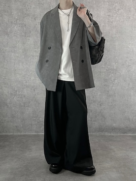 「SERACE（セラス）の【SERACE】Loose silhouette short sleeve double tailored jacket / ルーズシルエット半袖ダブルテーラードジャケット（テーラードジャケット、グレー系）」を使った、cobaさん（メンズ・173cm）の夏コーディネート