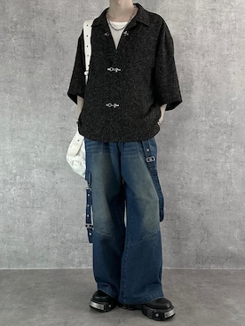 「SERACE（セラス）の【SERACE】Fireman tweed short sleeve shirt / ファイヤーマンツイード半袖シャツ（シャツ/ブラウス、ブラック系）」を使った、cobaさん（メンズ・173cm）の夏コーディネート