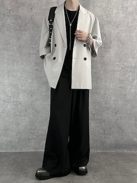 「SERACE（セラス）の【SERACE】Loose silhouette short sleeve double tailored jacket / ルーズシルエット半袖ダブルテーラードジャケット（テーラードジャケット、グレー系）」を使った、cobaさん（メンズ・173cm）の夏コーディネート