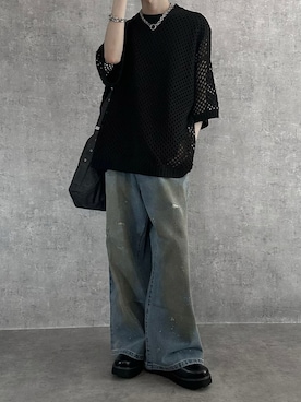「SERACE（セラス）の【SERACE】Loose silhouette sheer mesh short sleeve knit / ルーズシルエットシアーメッシュ半袖ニット（ニット/セーター、ブラック系）」を使った、cobaさん（メンズ・173cm）の夏コーディネート