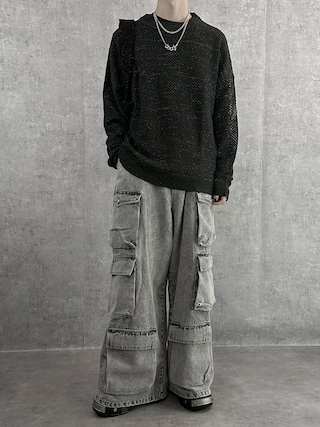 「SERACE（セラス）の【SERACE】Super wide vintage denim parachute cargo pants / スーパーワイドヴィンテージデニムパラシュートカーゴパンツ（デニムパンツ）」を使った、cobaさん（メンズ・173cm）の冬コーディネート