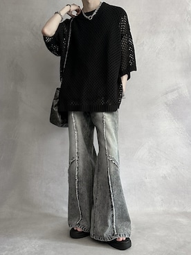 「SERACE（セラス）の【SERACE】Loose silhouette sheer mesh short sleeve knit / ルーズシルエットシアーメッシュ半袖ニット（ニット/セーター）」を使った、cobaさん（メンズ・173cm）の夏コーディネート