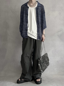 「SERACE（セラス）の【SERACE】Oversize openwork short sleeve mesh cardigan / オーバーサイズ透かし編み半袖メッシュカーディガン（カーディガン/ボレロ）」を使った、cobaさん（メンズ・173cm）の夏コーディネート